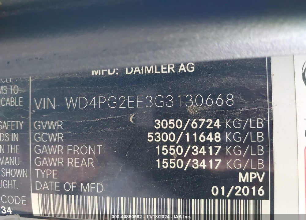 2016 MERCEDES-BENZ METRIS VIN: WD4PG2EE3G3130668