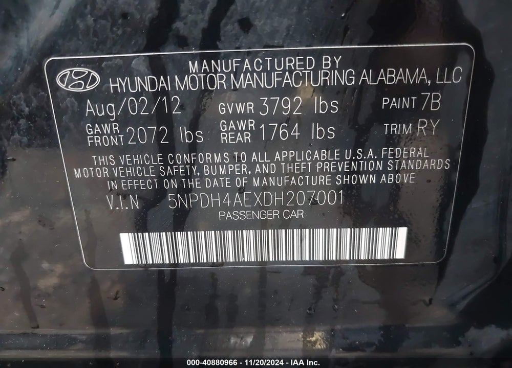 2013 HYUNDAI ELANTRA LIMITED VIN: 5NPDH4AEXDH207001