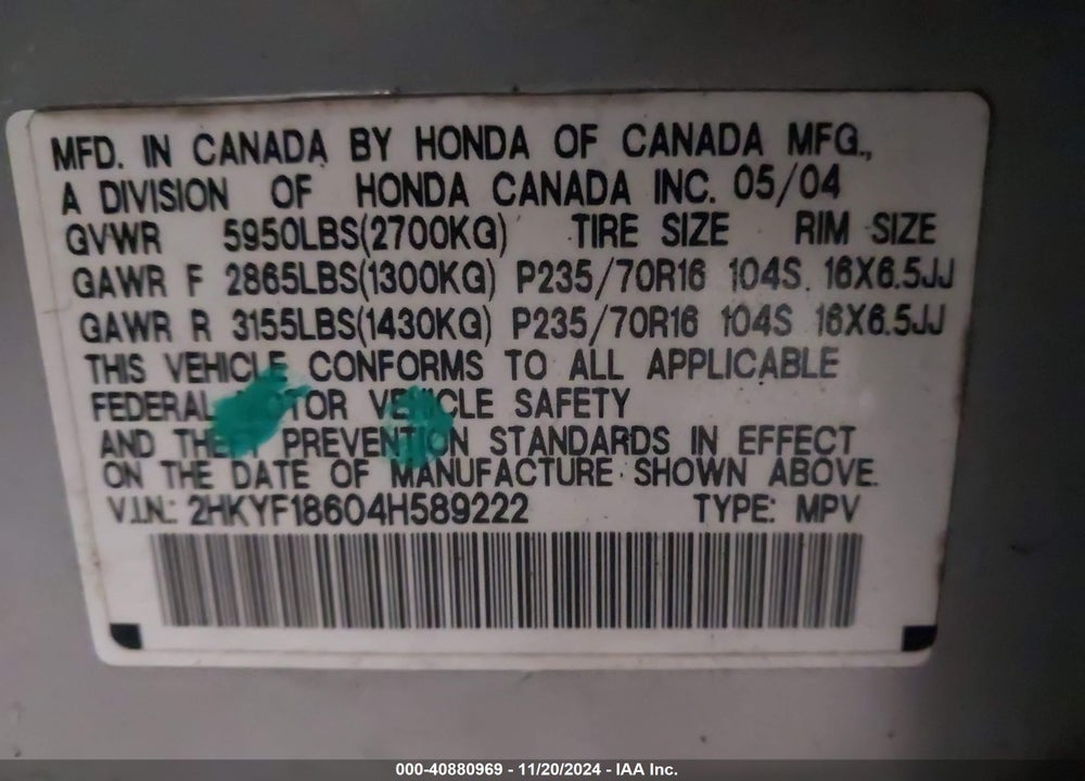 2004 HONDA PILOT VIN: 2HKYF18604H589222
