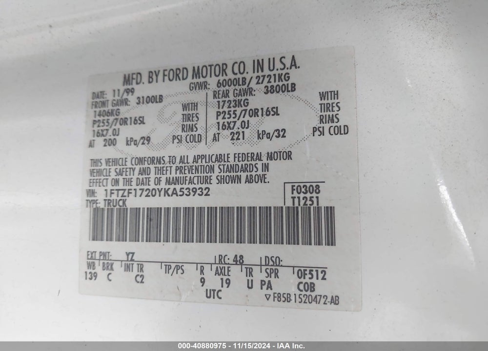 2000 FORD F-150 WORK SERIES/XL/XLT VIN: 1FTZF1720YKA53932