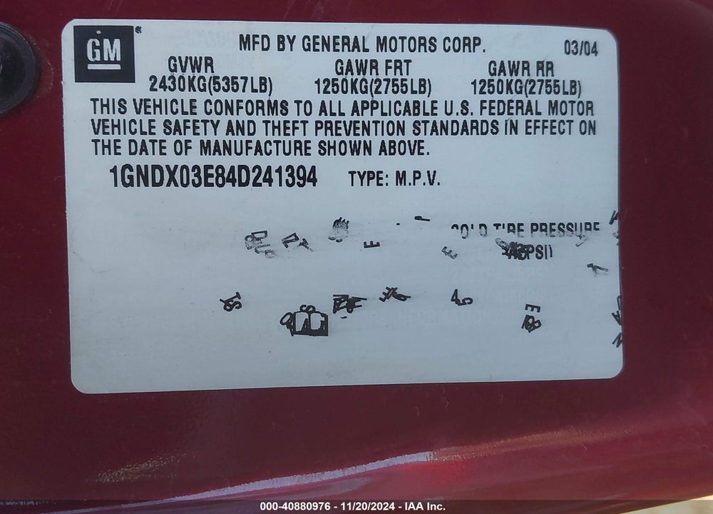 2004 CHEVROLET VENTURE LS VIN: 1GNDX03E84D241394