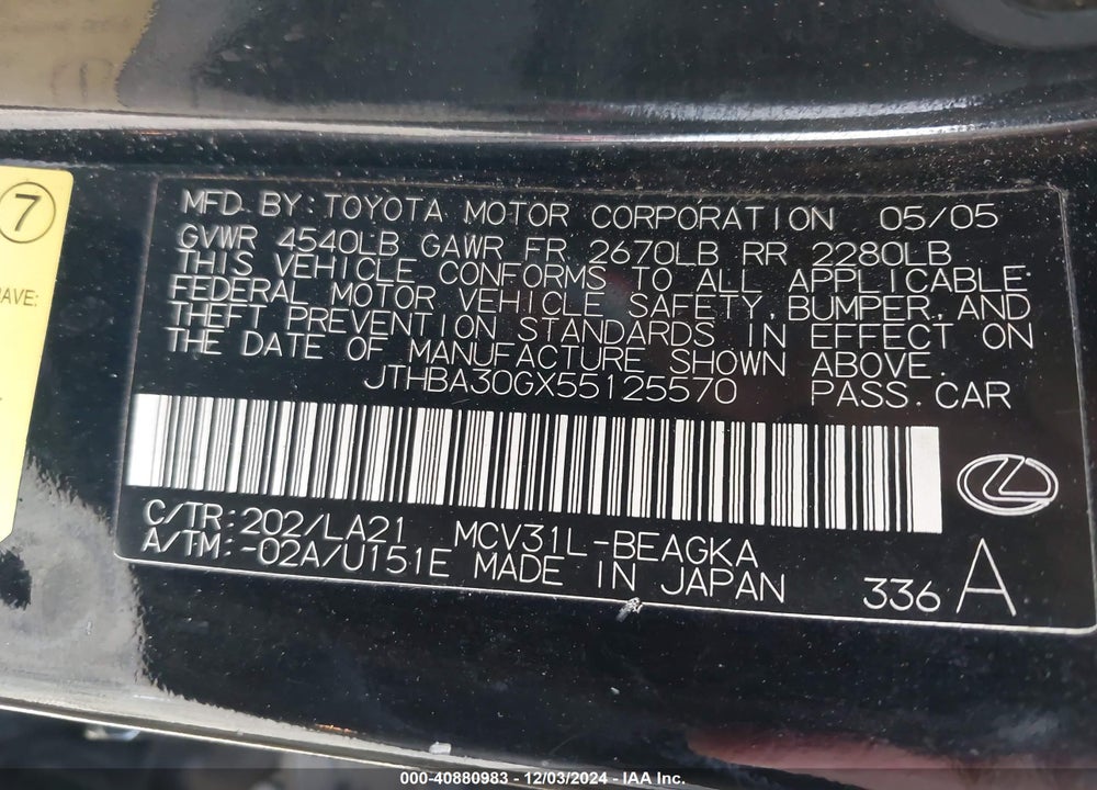 2005 LEXUS ES 330 VIN: JTHBA30GX55125570