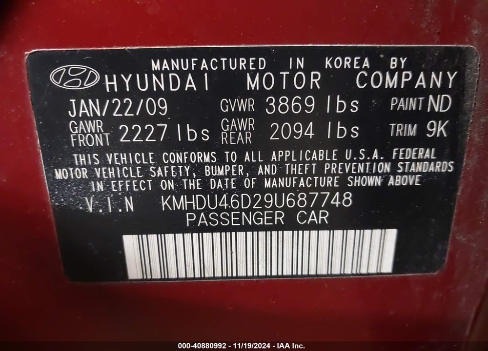 2009 HYUNDAI ELANTRA GLS VIN: KMHDU46D29U687748