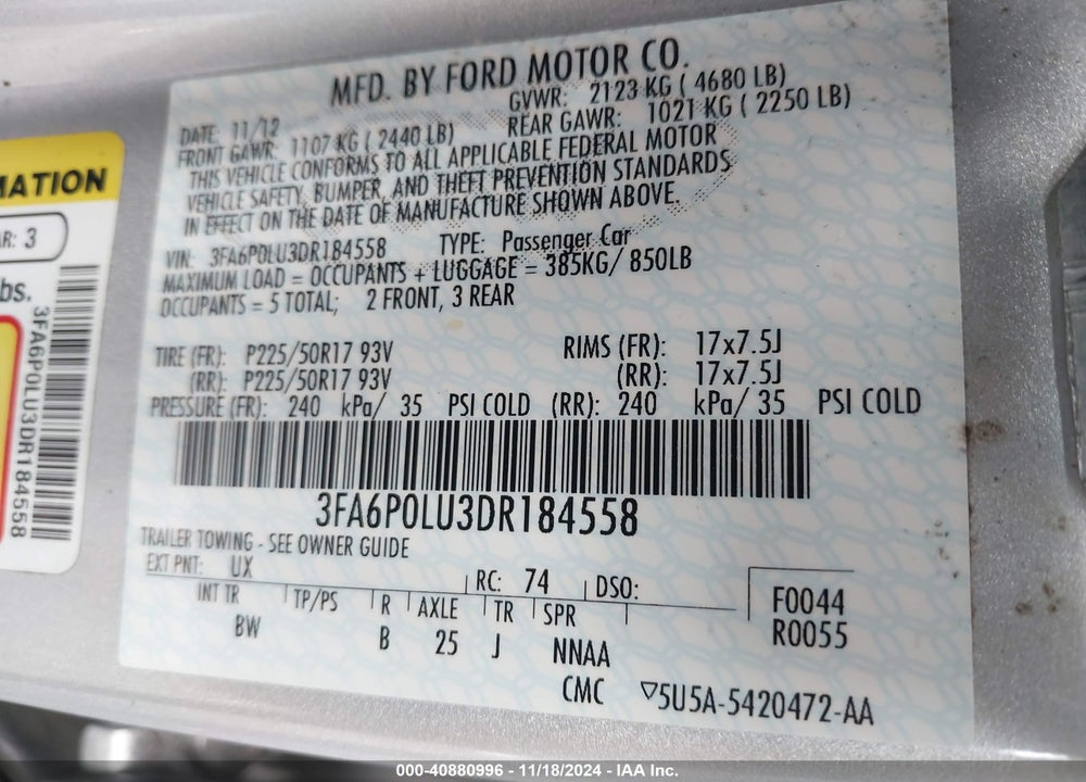 2013 FORD FUSION HYBRID SE VIN: 3FA6P0LU3DR184558