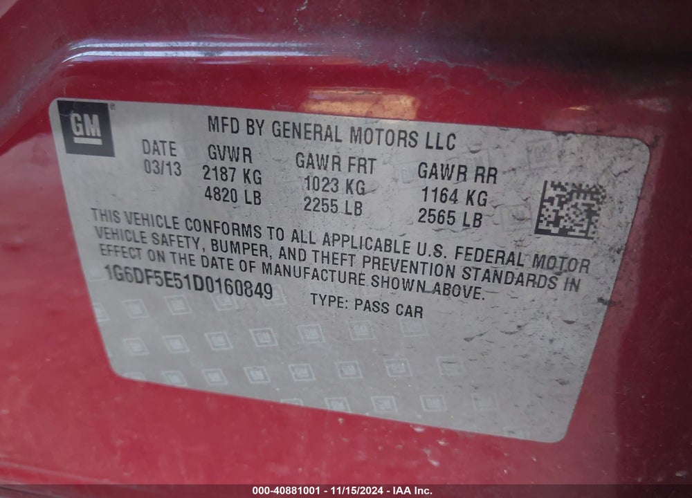 2013 CADILLAC CTS LUXURY VIN: 1G6DF5E51D0160849
