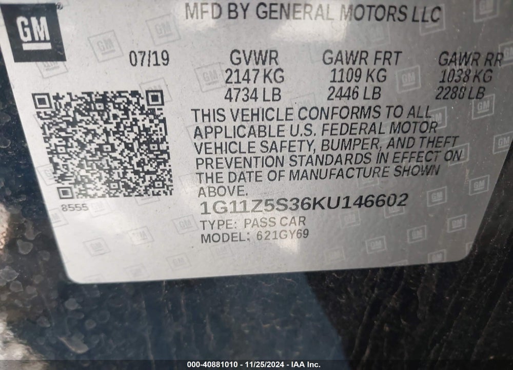 2019 CHEVROLET IMPALA LT VIN: 1G11Z5S36KU146602