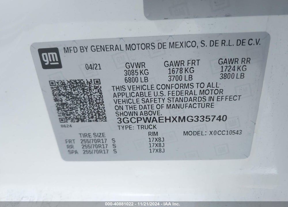2021 CHEVROLET SILVERADO 1500 2WD SHORT BED WT VIN: 3GCPWAEHXMG335740