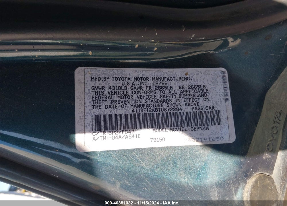1996 TOYOTA CAMRY LE/XLE/SE VIN: 4T1BF12K8TU872284