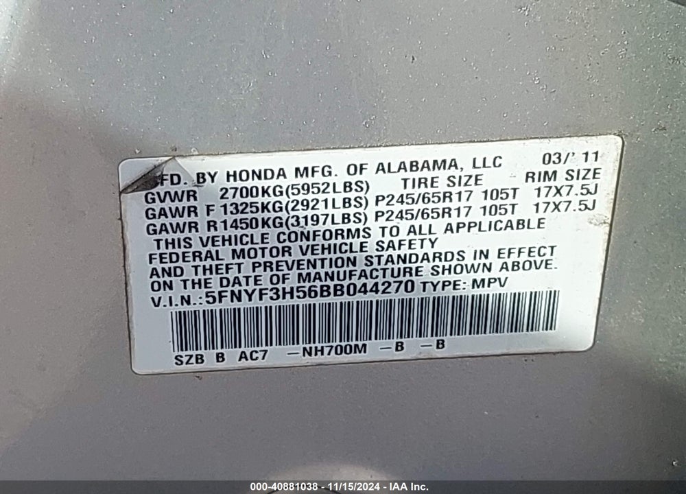 2011 HONDA PILOT EX-L VIN: 5FNYF3H56BB044270