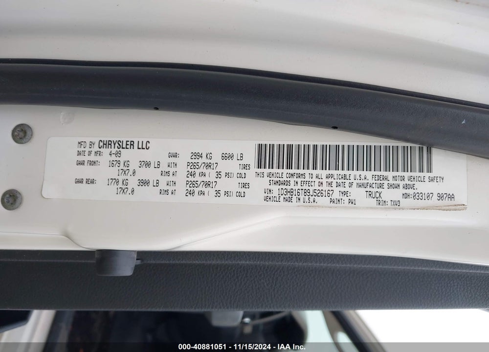 2009 DODGE RAM 1500 ST VIN: 1D3HB16T89J526167