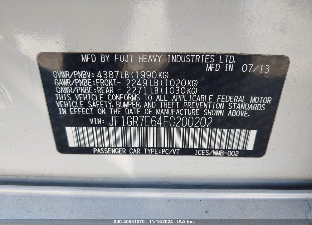 2014 SUBARU IMPREZA WRX PREMIUM VIN: JF1GR7E64EG200202