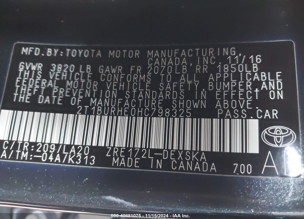 2017 TOYOTA COROLLA XSE VIN: 2T1BURHE0HC798325