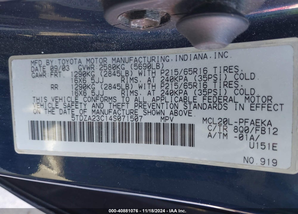 2004 TOYOTA SIENNA LE VIN: 5TDZA23C14S071507