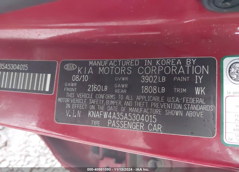 2010 KIA FORTE SX VIN: KNAFW4A35A5304015
