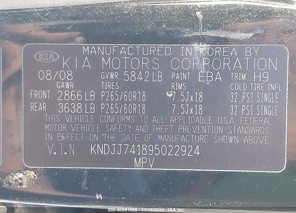2009 KIA BORREGO EX V6 VIN: KNDJJ741895022924