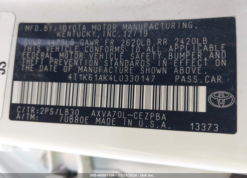 2020 TOYOTA CAMRY XSE VIN: 4T1K61AK4LU330147
