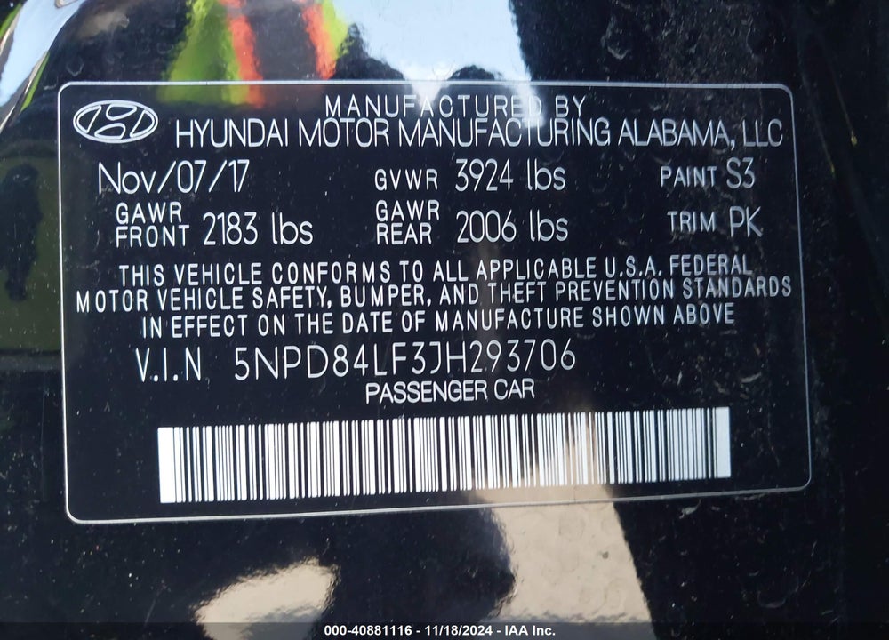2018 HYUNDAI ELANTRA SEL VIN: 5NPD84LF3JH293706