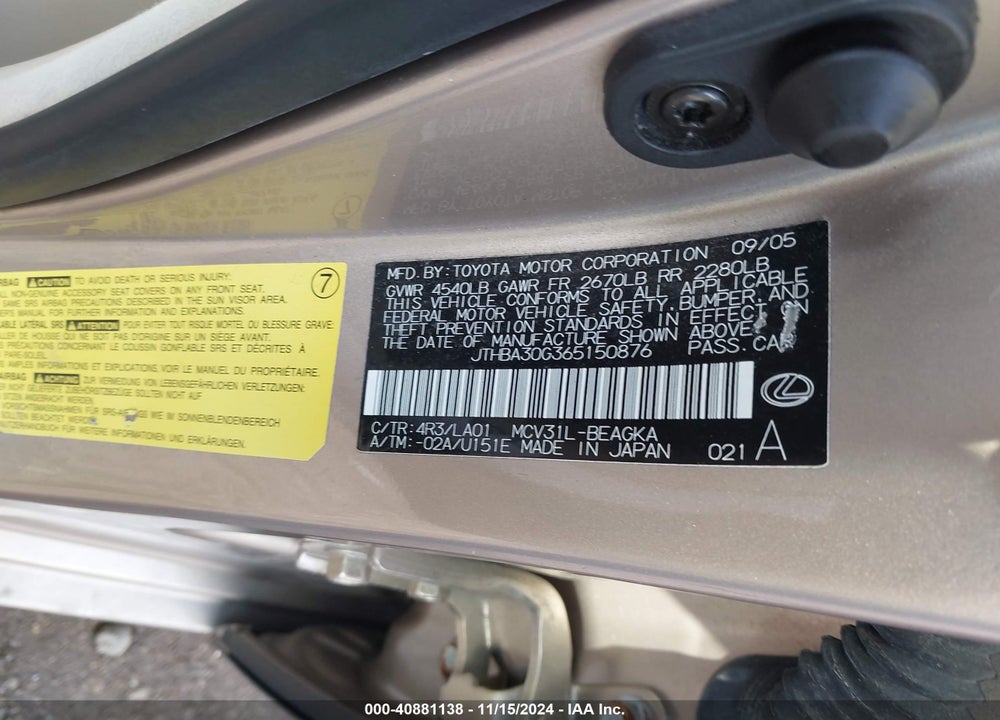 2006 LEXUS ES 330 VIN: JTHBA30G365150876