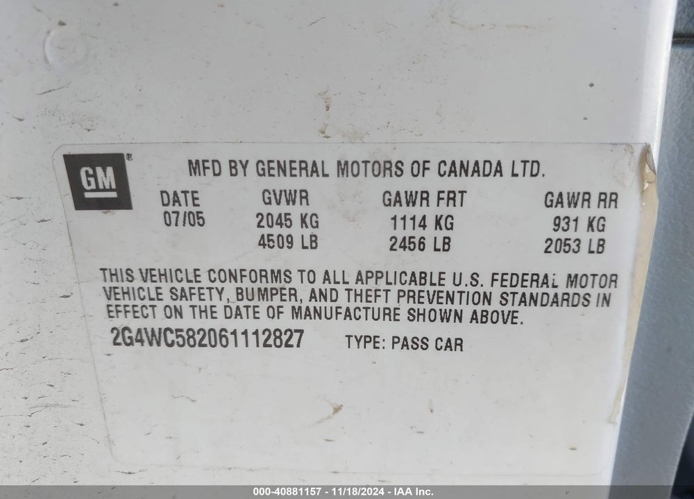 2006 BUICK LACROSSE CX VIN: 2G4WC582061112827