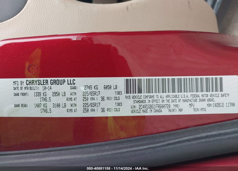 2015 DODGE GRAND CARAVAN AMERICAN VALUE PKG VIN: 2C4RDGBG1FR600720