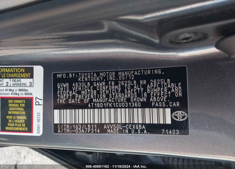 2012 TOYOTA CAMRY HYBRID XLE VIN: 4T1BD1FK1CU031360