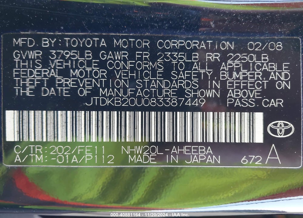 2008 TOYOTA PRIUS VIN: JTDKB20U083387449