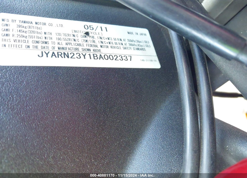 2011 YAMAHA YZFR1 C VIN: JYARN23Y1BA002337