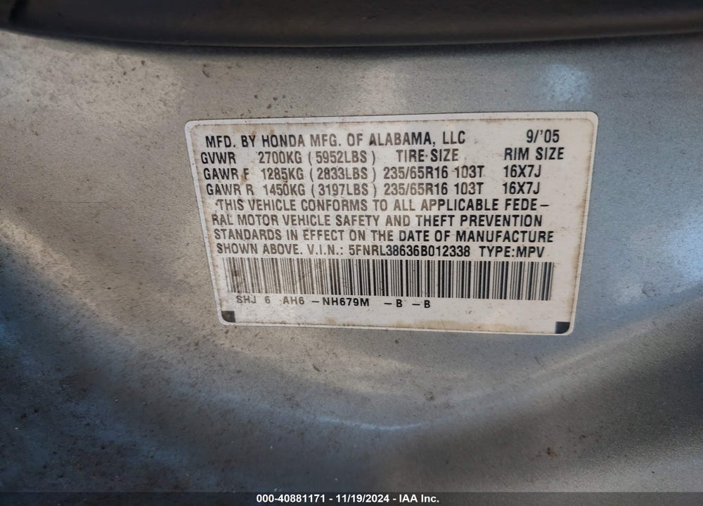 2006 HONDA ODYSSEY EX-L VIN: 5FNRL38636B012338