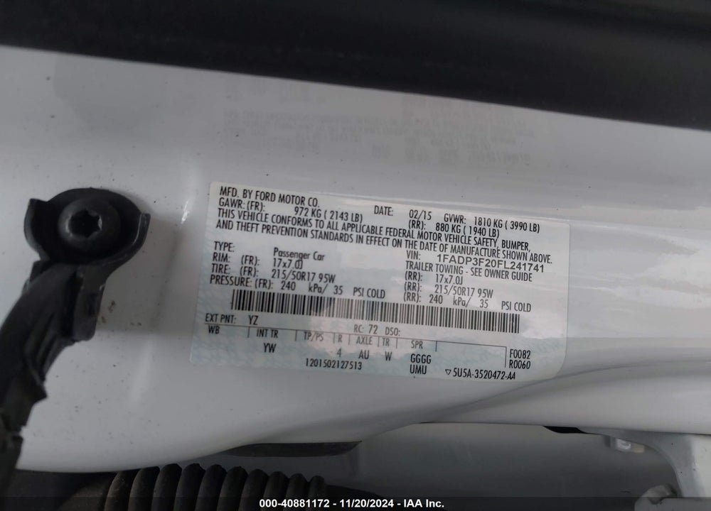 2015 FORD FOCUS SE VIN: 1FADP3F20FL241741