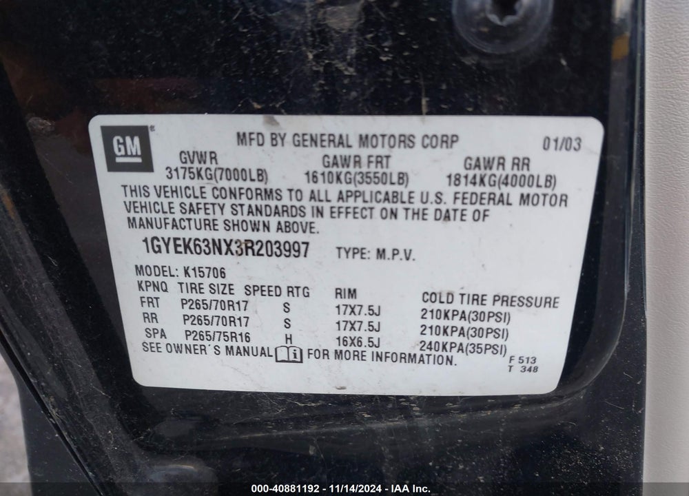 2003 CADILLAC ESCALADE STANDARD VIN: 1GYEK63NX3R203997