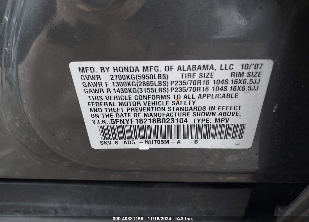 2008 HONDA PILOT VP VIN: 5FNYF18218B023104