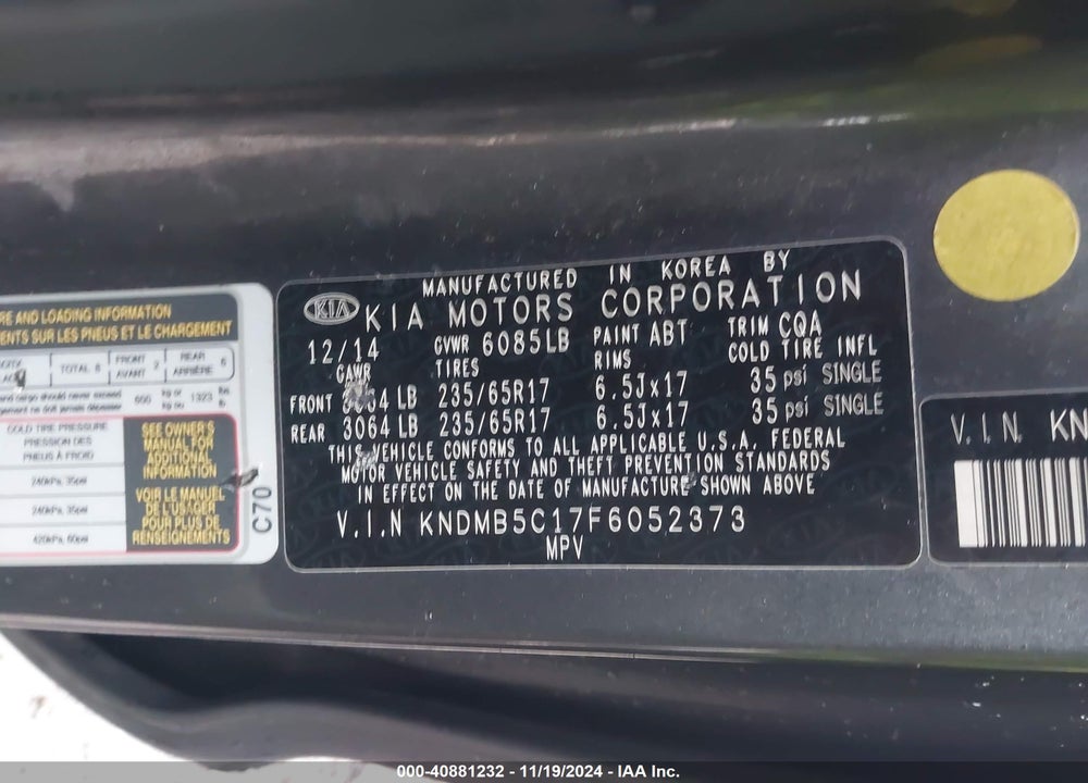 2015 KIA SEDONA LX VIN: KNDMB5C17F6052373
