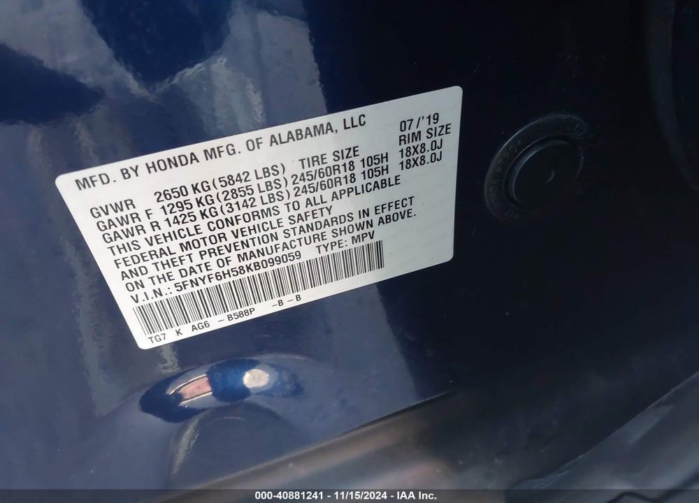 2019 HONDA PILOT VIN: 5FNYF6H58KB099059