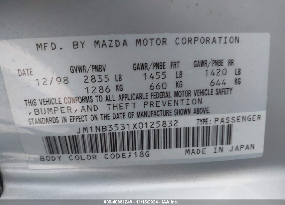 1999 MAZDA MX-5 MIATA LEATHER PKG/POPULAR EQUIPMENT PKG/SPORTS PKG/TOURING PKG VIN: JM1NB3531X0125832