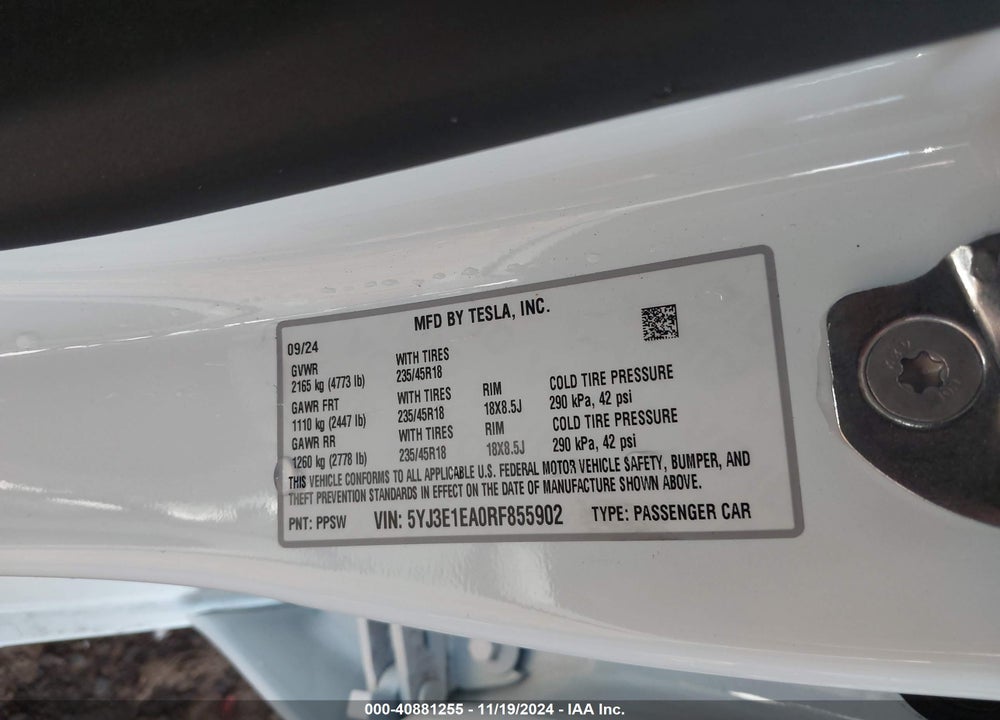 2024 TESLA MODEL 3 REAR-WHEEL DRIVE VIN: 5YJ3E1EA0RF855902