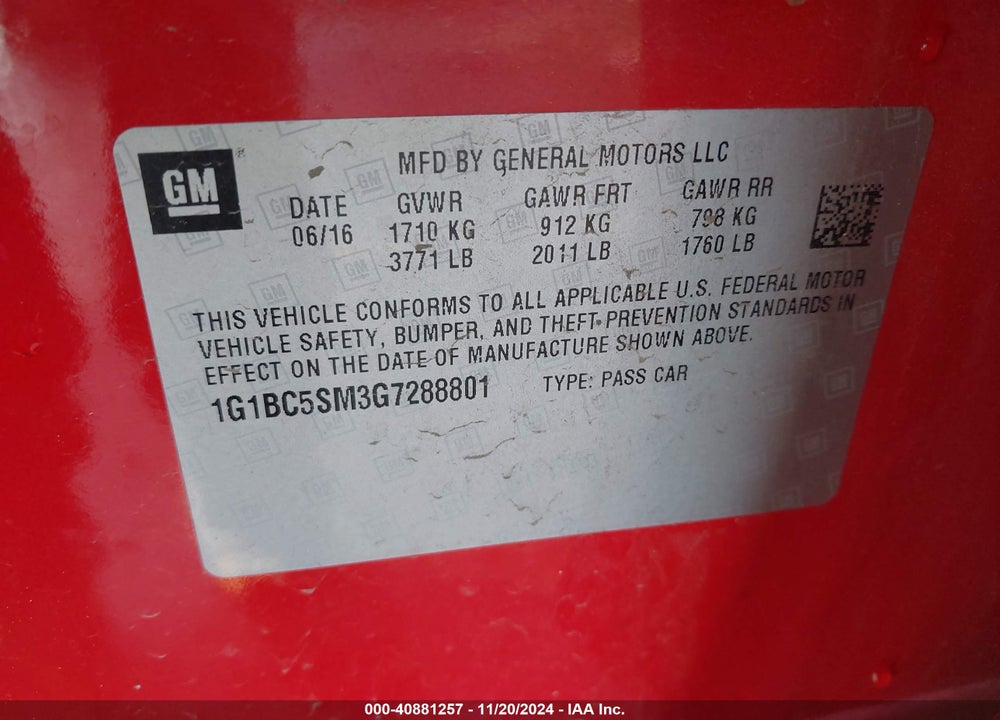 2016 CHEVROLET CRUZE VIN: 1G1BC5SM3G7288801