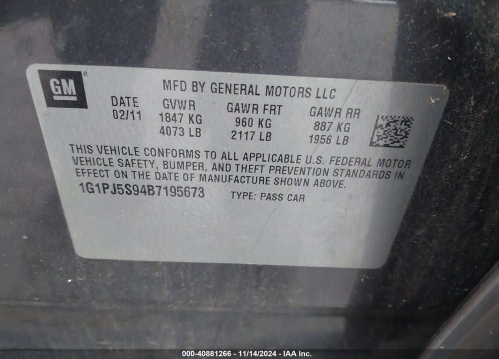 2011 CHEVROLET CRUZE ECO VIN: 1G1PJ5S94B7195673