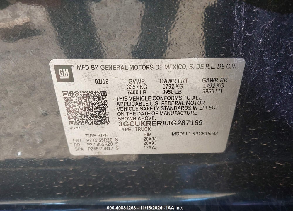 2018 CHEVROLET SILVERADO 1500 1LT VIN: 3GCUKRER8JG287169