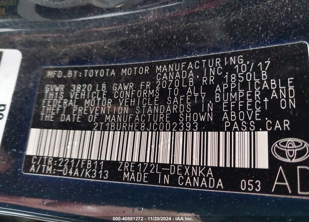 2018 TOYOTA COROLLA LE VIN: 2T1BURHE8JC002393