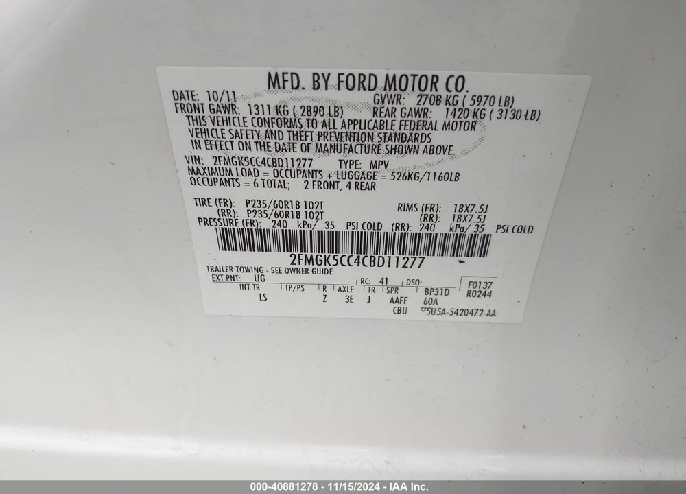 2012 FORD FLEX SEL VIN: 2FMGK5CC4CBD11277