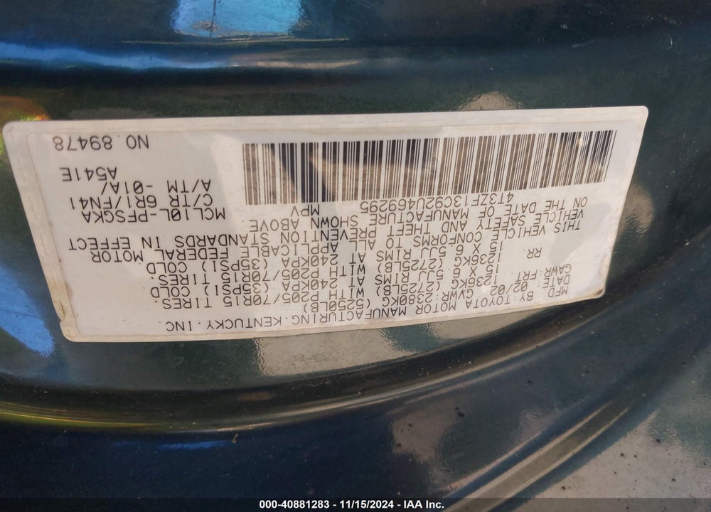 2002 TOYOTA SIENNA LE VIN: 4T3ZF13C92U469295