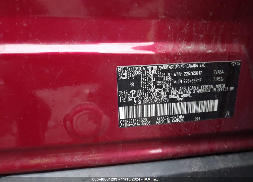 2020 TOYOTA RAV4 LE VIN: 2T3H1RFV9LW067526
