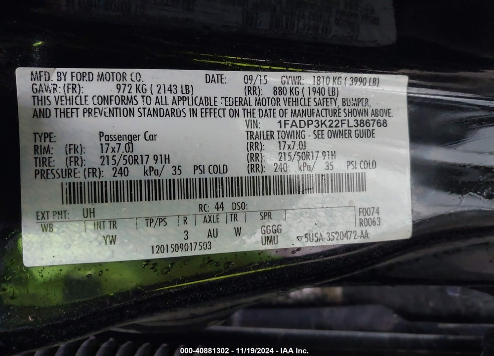 2015 FORD FOCUS SE VIN: 1FADP3K22FL386768