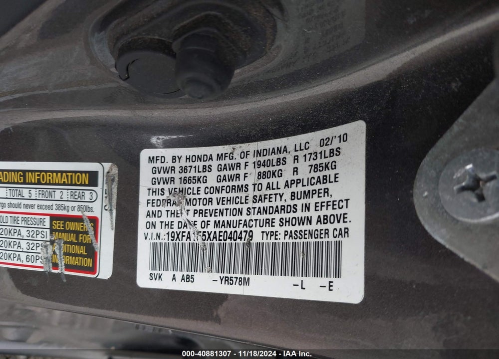 2010 HONDA CIVIC LX VIN: 19XFA1F5XAE040479