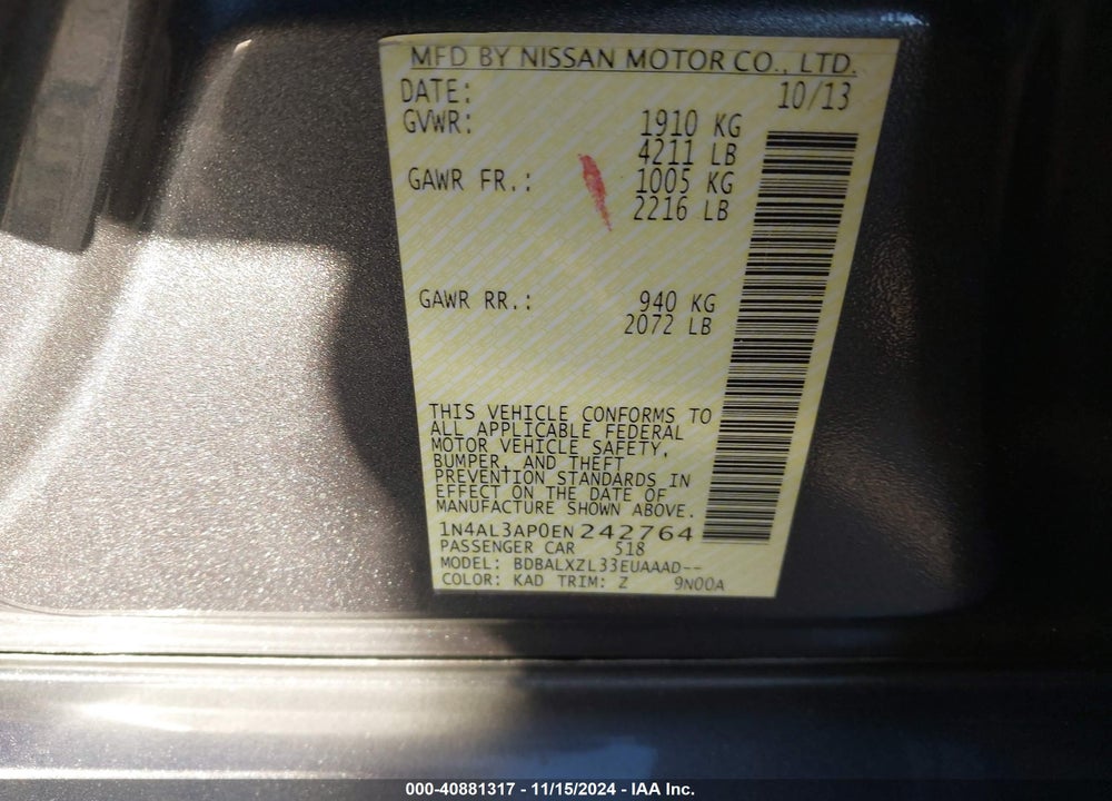 2014 NISSAN ALTIMA 2.5 SL VIN: 1N4AL3AP0EN242764