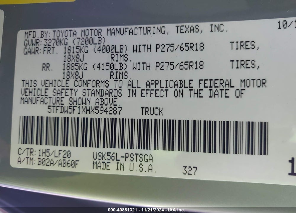 2017 TOYOTA TUNDRA TRD PRO 5.7L V8 VIN: 5TFDW5F1XHX594287