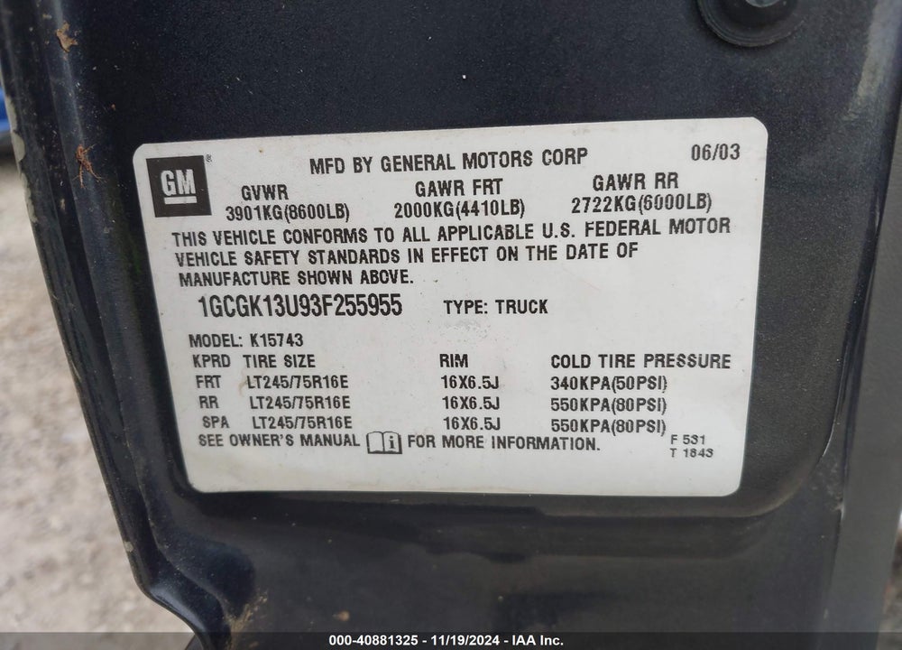 2003 CHEVROLET SILVERADO 1500HD LS VIN: 1GCGK13U93F255955