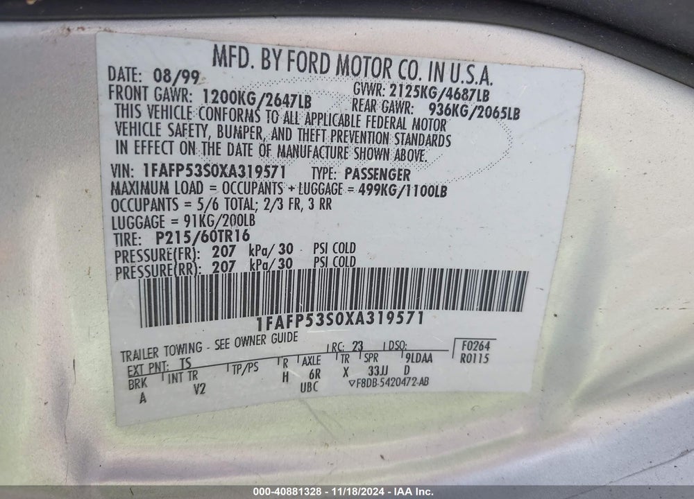 1999 FORD TAURUS SE/SE-NE VIN: 1FAFP53S0XA319571