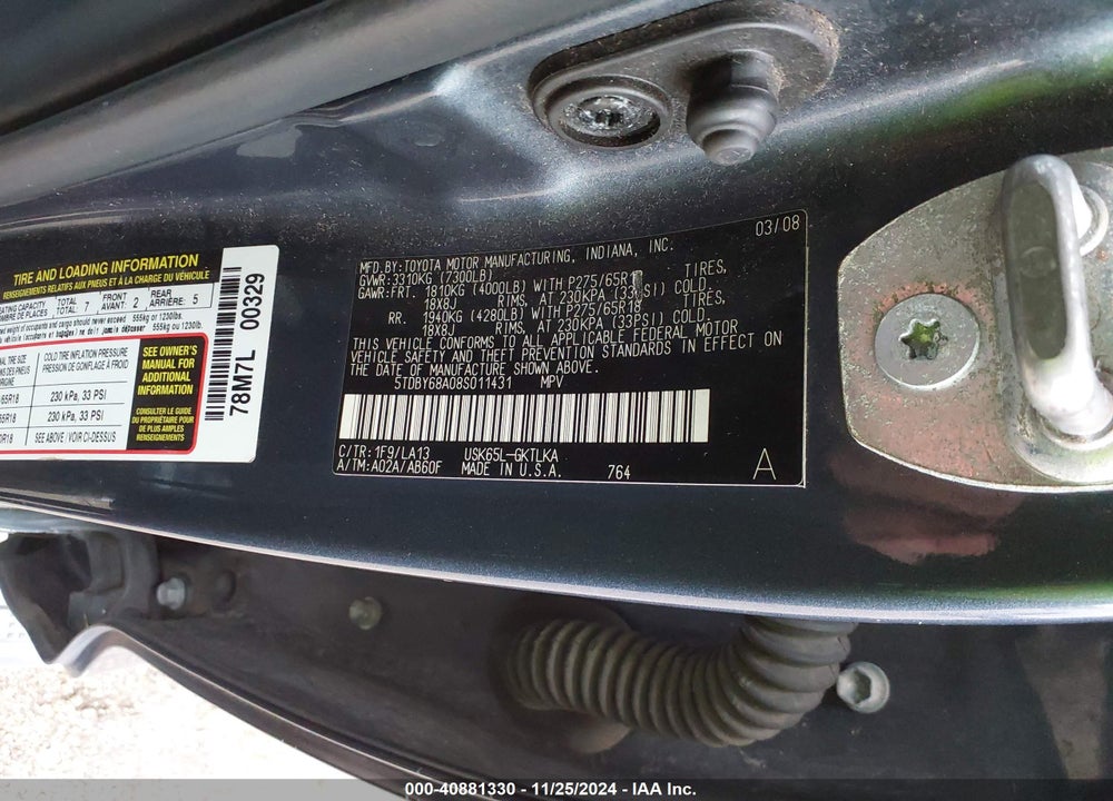 2008 TOYOTA SEQUOIA LIMITED 5.7L V8 VIN: 5TDBY68A08S011431