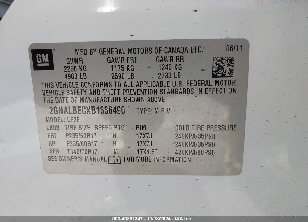 2011 CHEVROLET EQUINOX LS VIN: 2GNALBECXB1336490